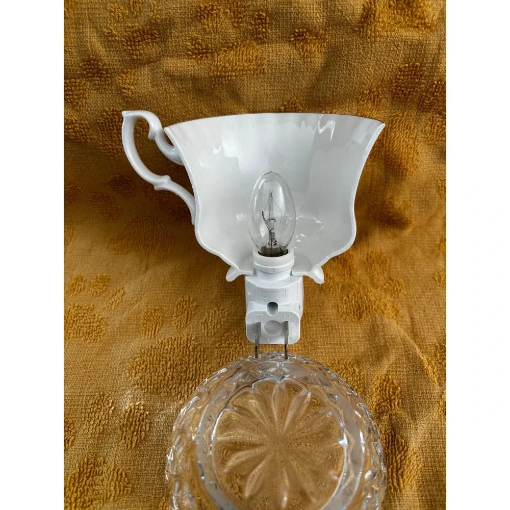 Handcrafted Vintage Teacup Night Light Purple Violets Floral Bone China Decor